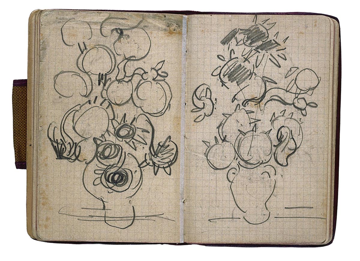 Sketches of sunflowers in a sketch book