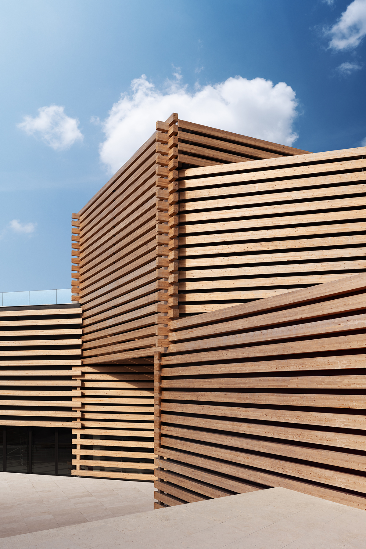 Facade of a contemporary building made from wooden panels