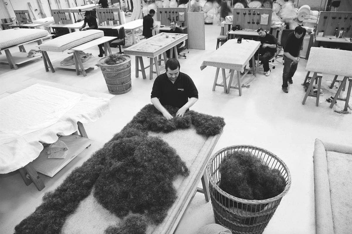 Aerial view inside a bed making workshop