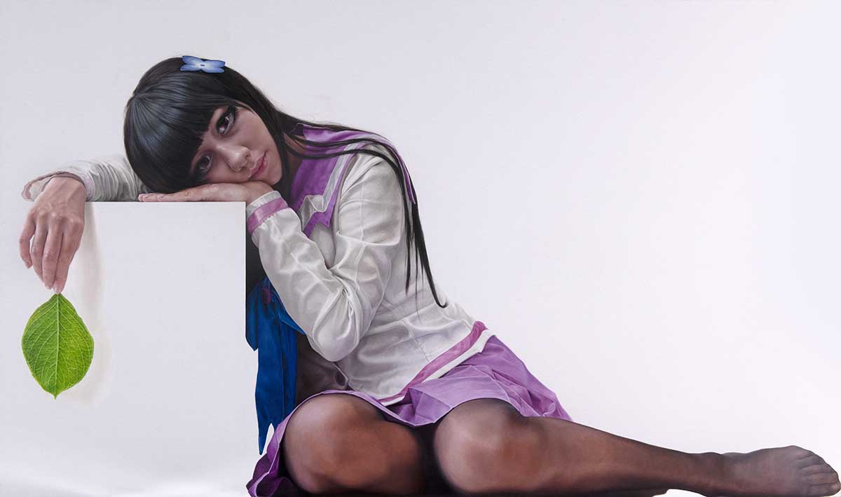 Artwork depicting an Asian girl leaning against a white box