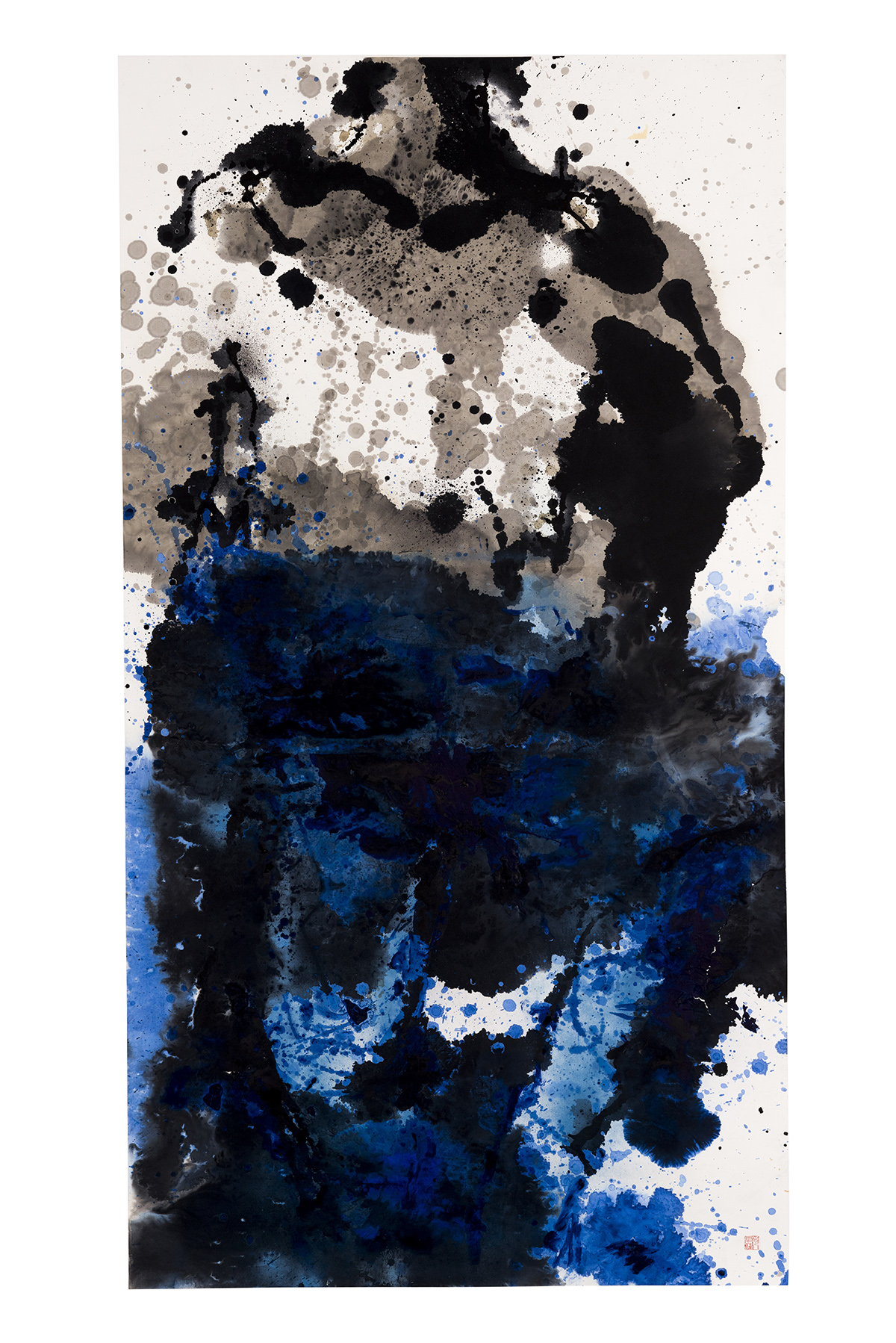 Ink painting showing a figure in blue and black