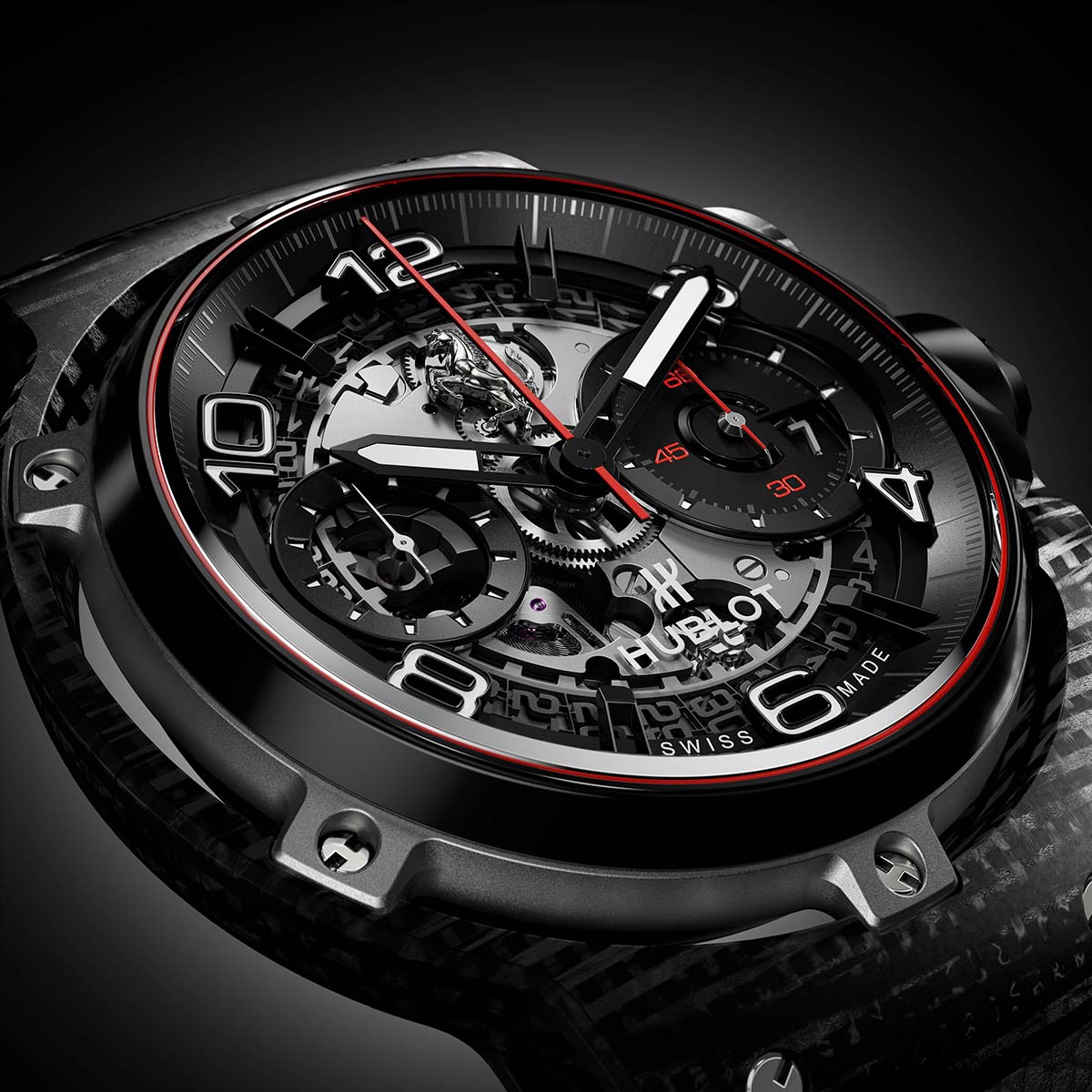 Detail shot of a sports watch with black and red watch face