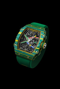 Product image of a green watch against a black background