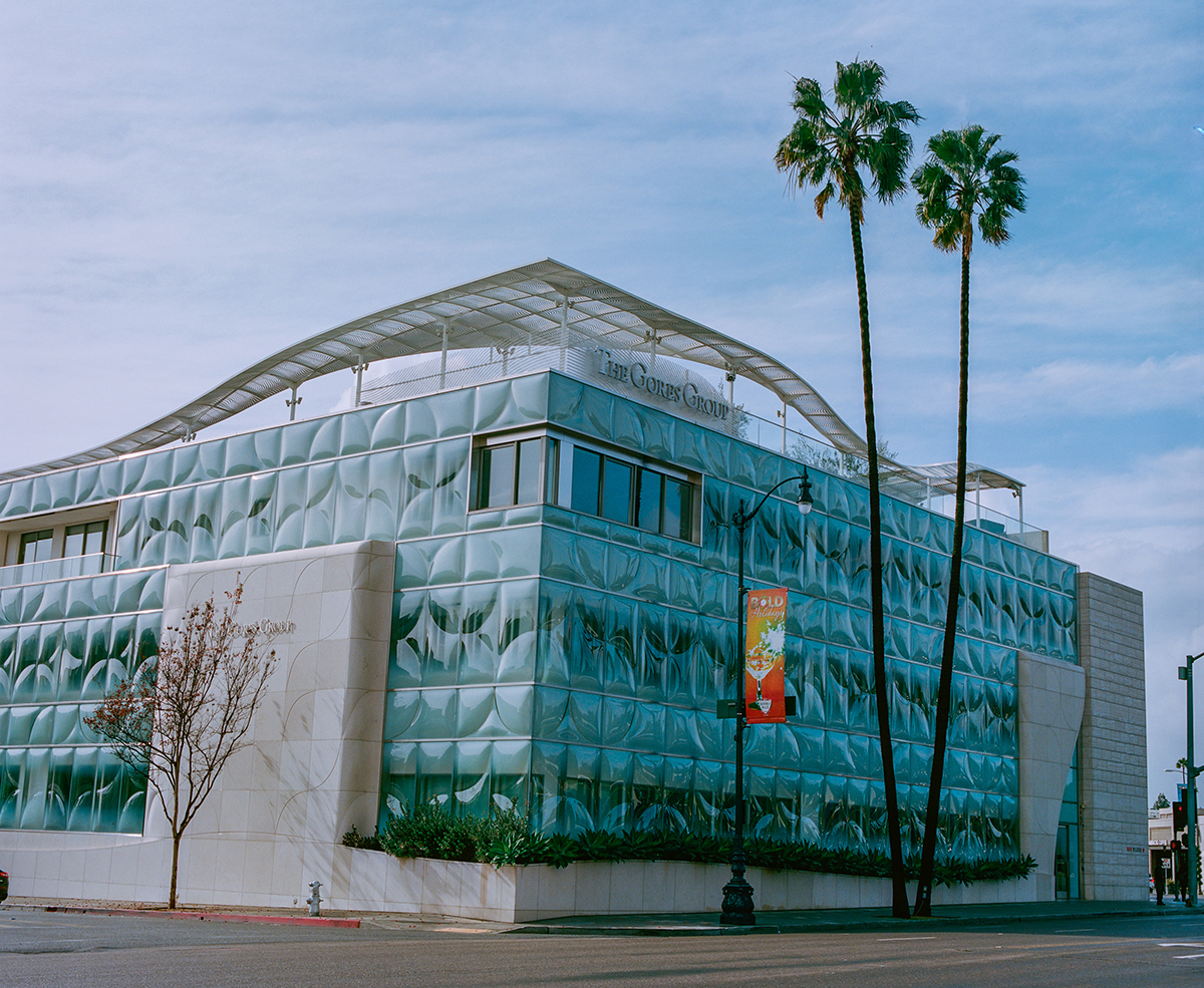 Facade of a contemporary building with two palm trees