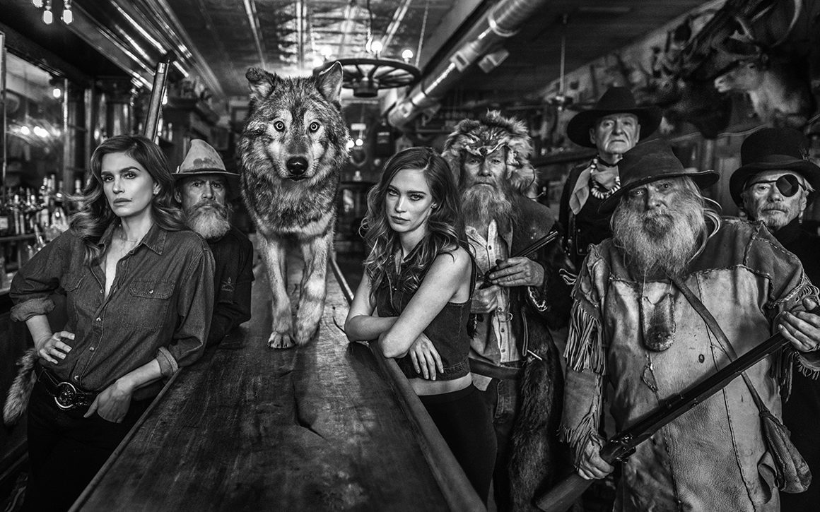 Image of people in a bar with a wolf on the bar counter