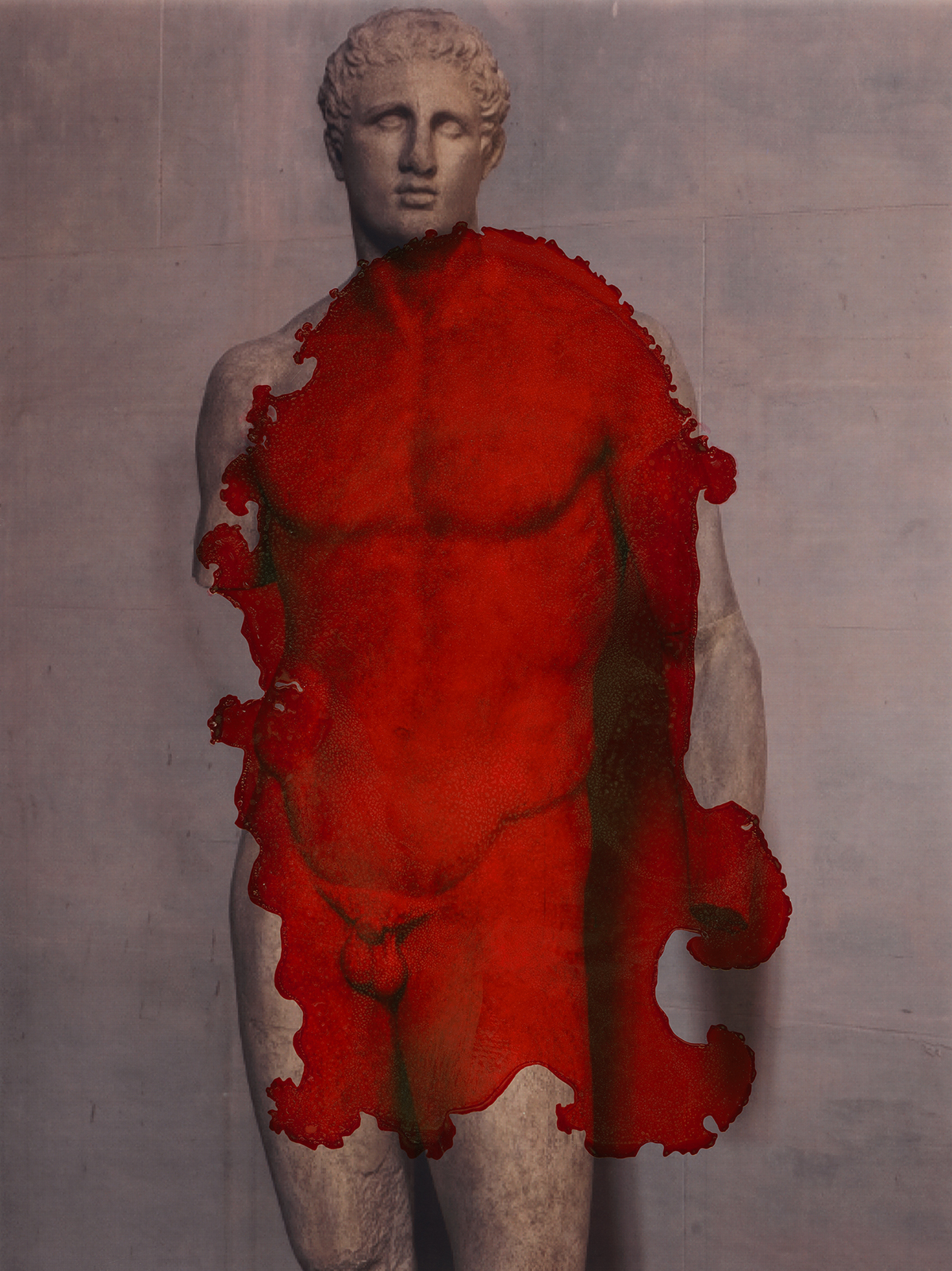 Male nude classical sculpture with red dye