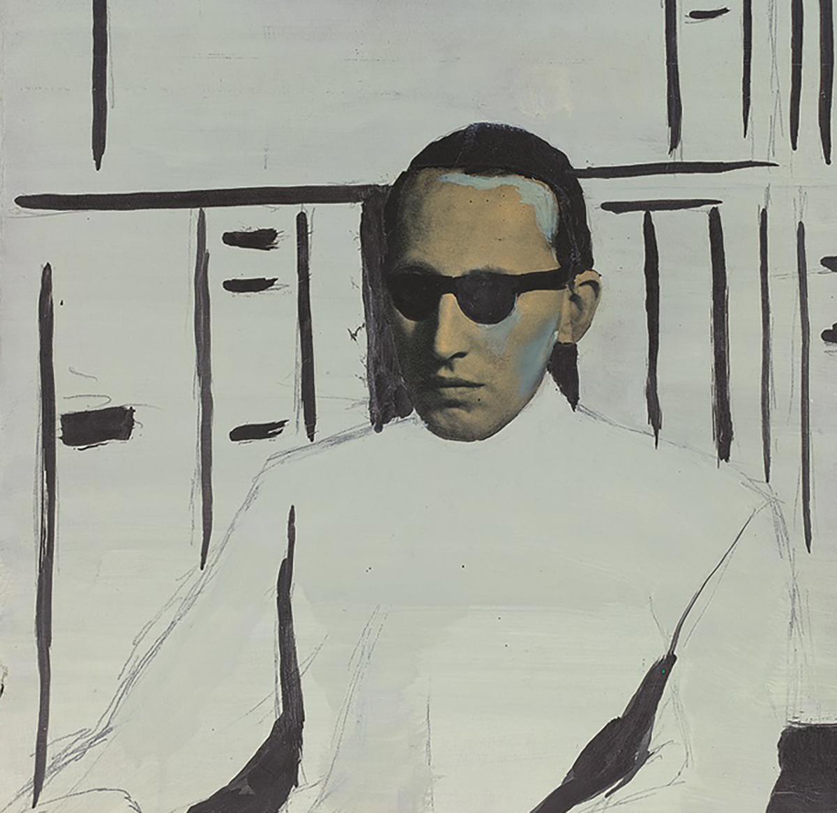 Collage painting of a man wearing sunglasses