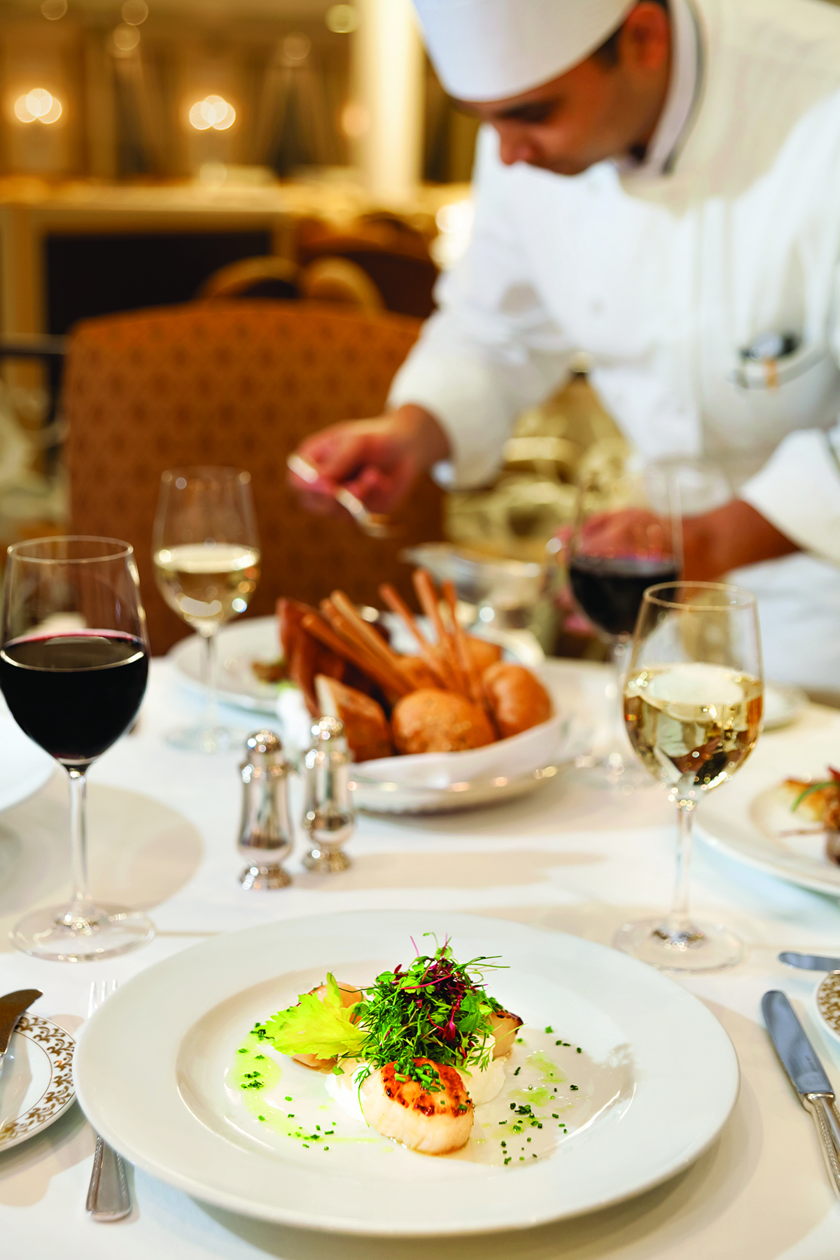 Fine dining table with wine and bread