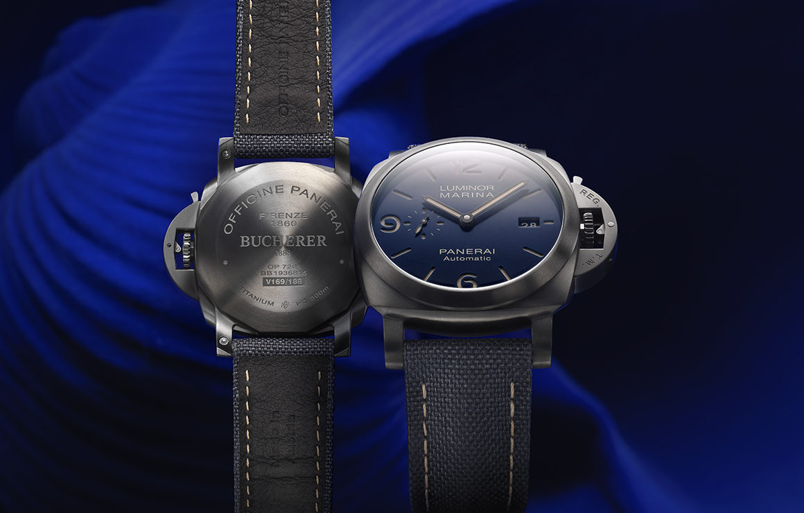 Luxury watch shown front and back against blue background