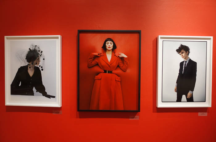 Portraits hanging on red painted wall of a gallery