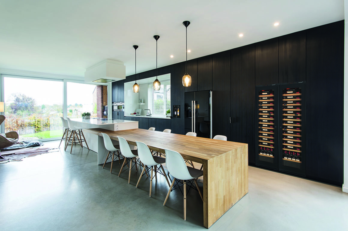 Contemporary kitchen interiors with wine storage cabinet