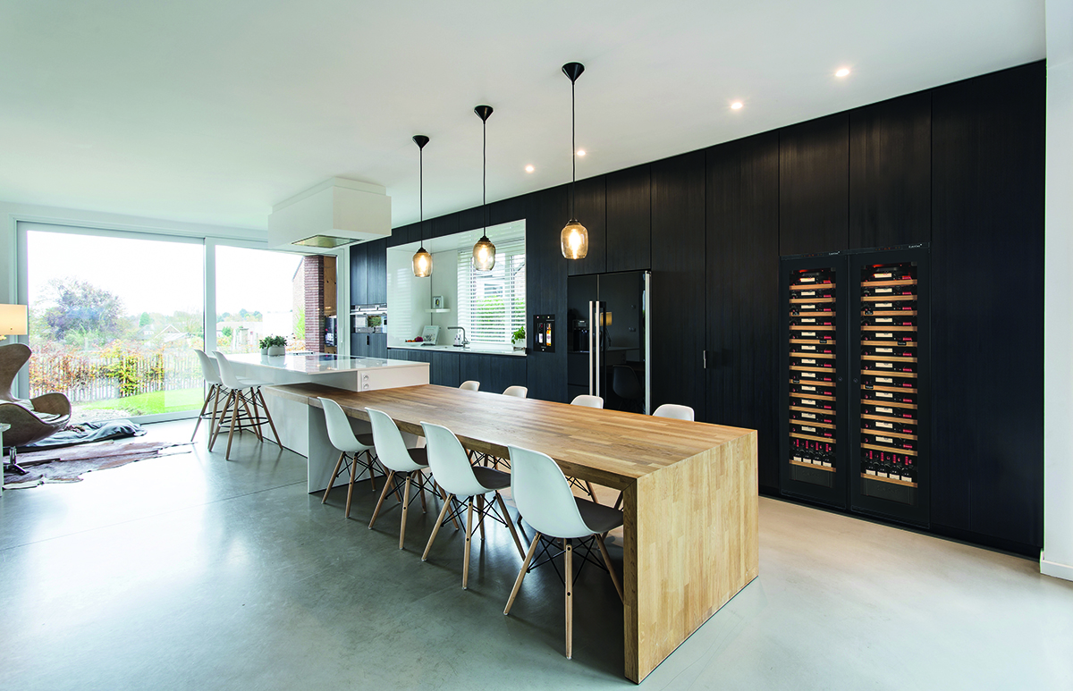 Contemporary kitchen interiors with wine storage cabinet