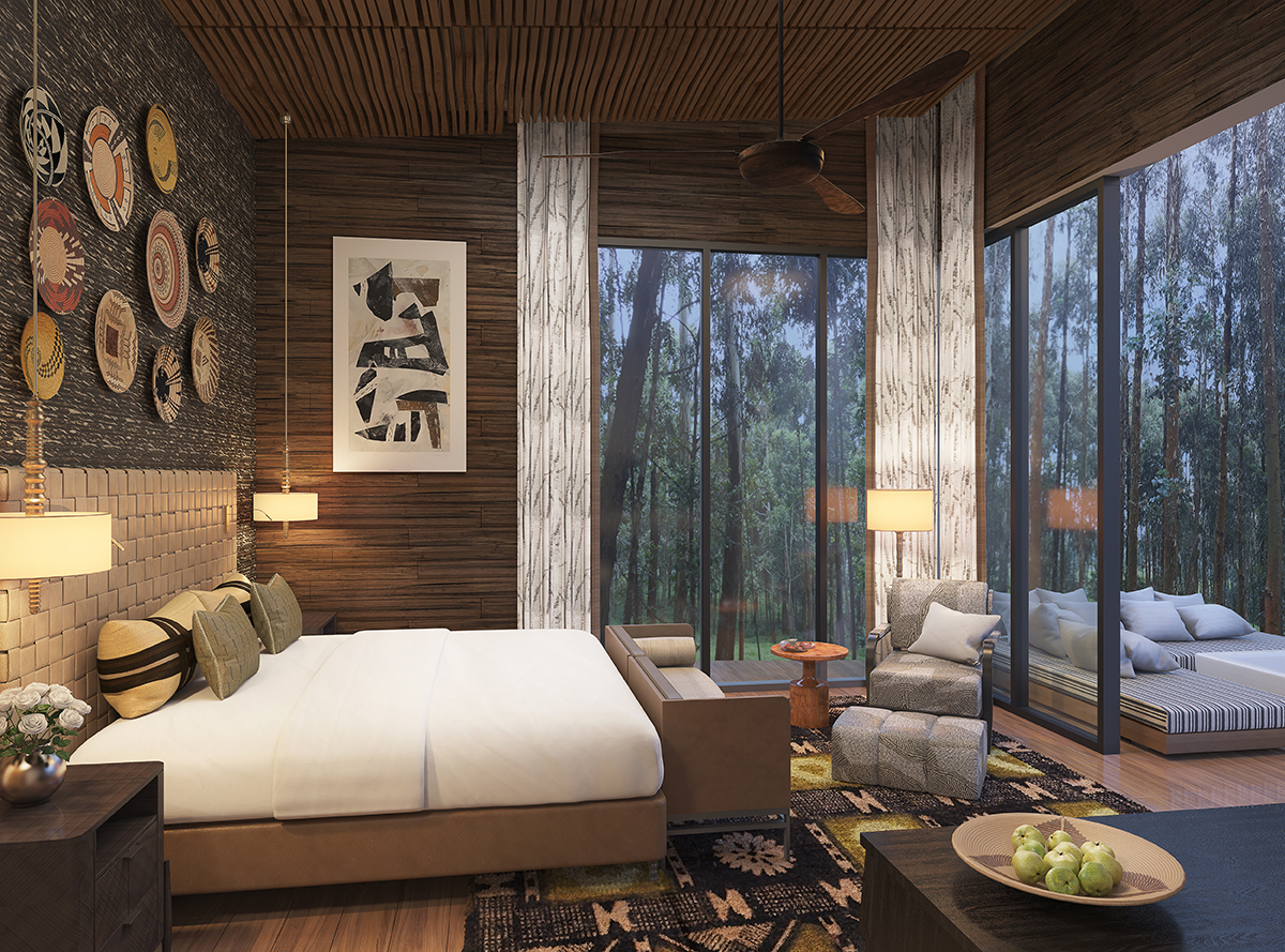 Luxurious hotel bedroom with large windows overlooking forest