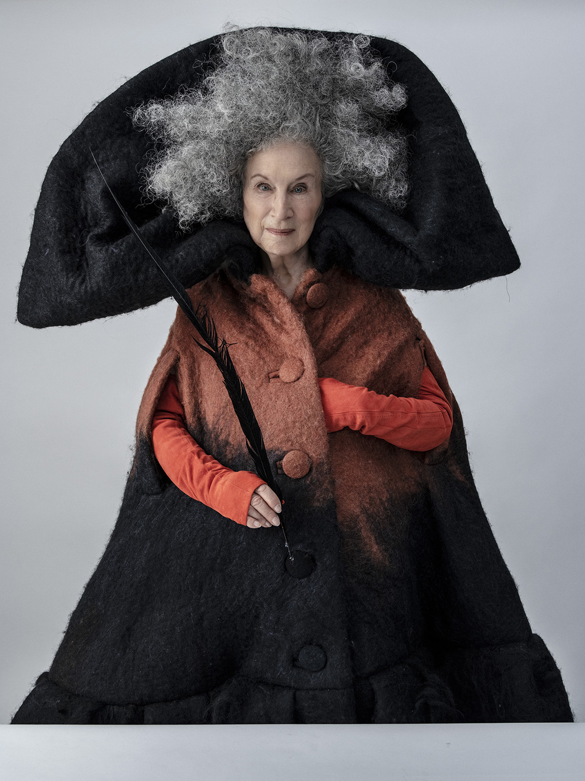 Writer Margaret Atwood in oversized coat