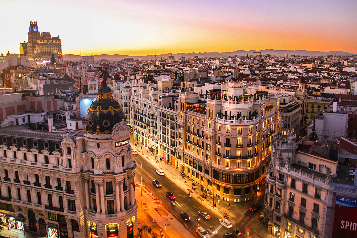 city of Madrid at sunset with aerial view