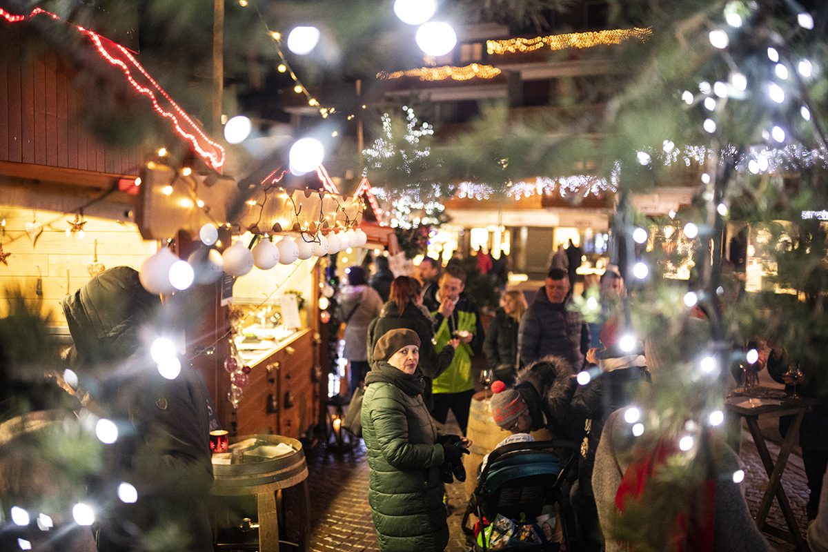 Christmas food stalls in Alpine village