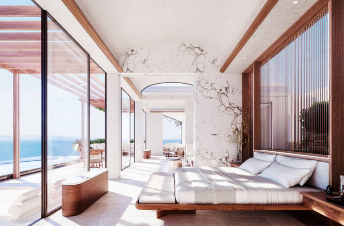 Luxurious interiors of a beach villa bedroom