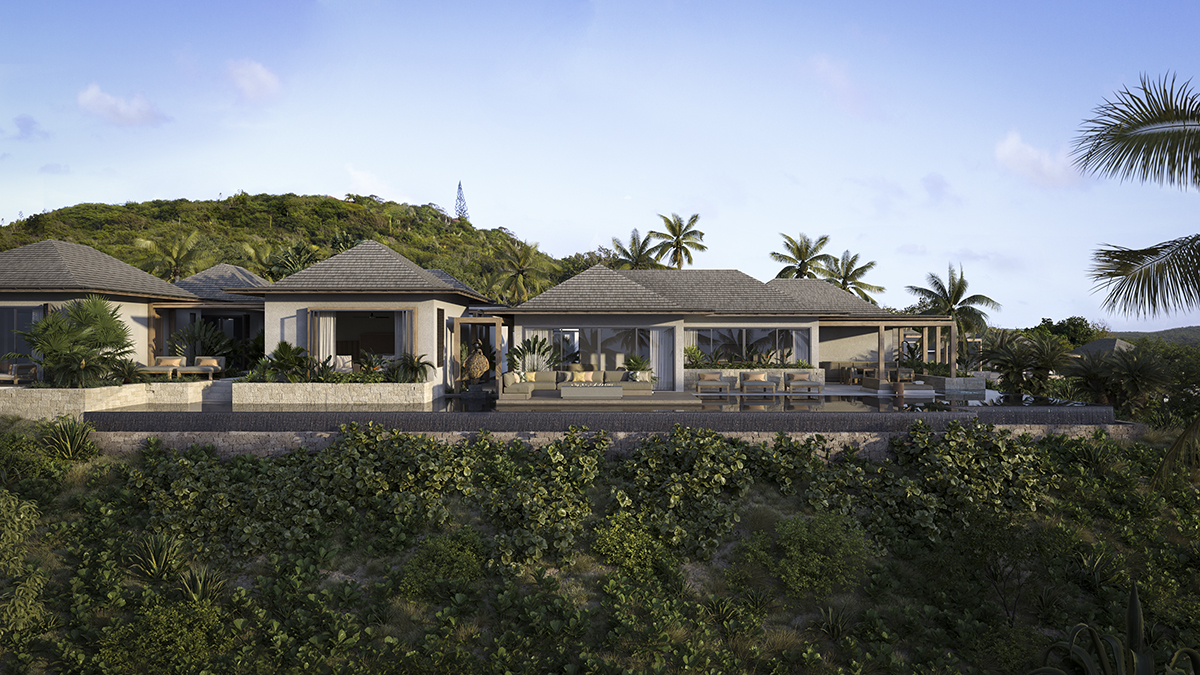 Architectural render of villas on tropical island