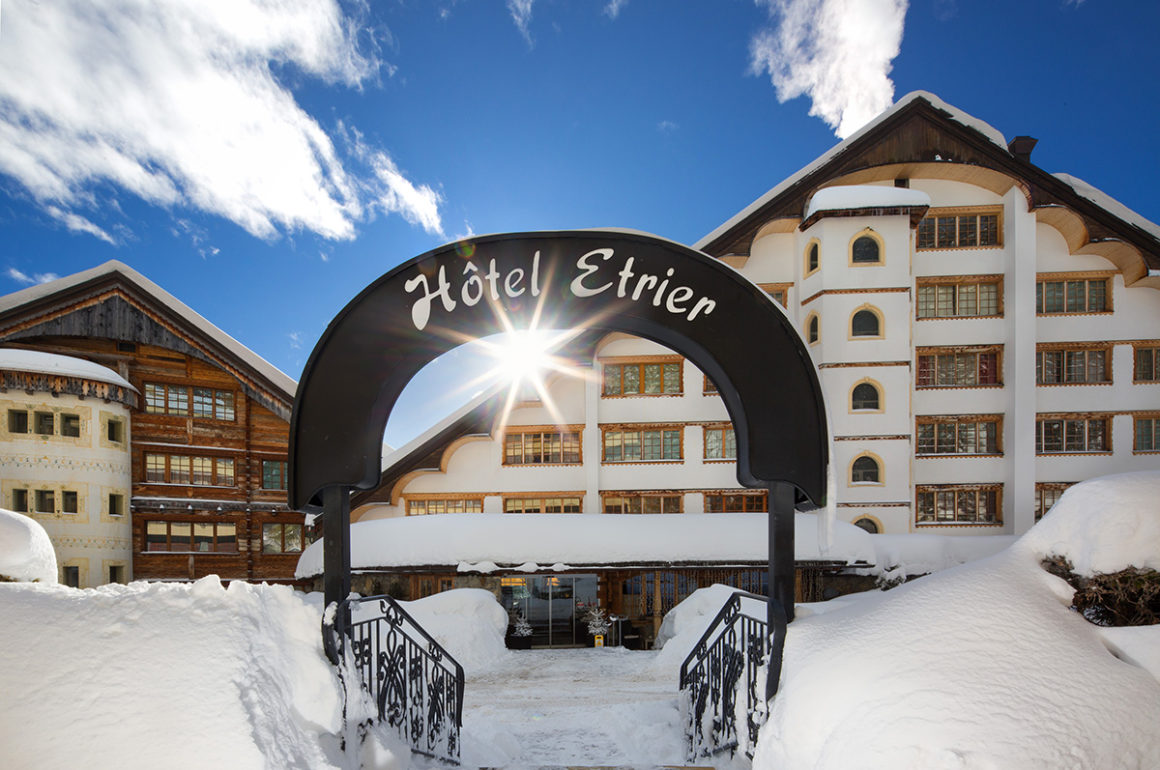 Exterior of an alpine hotel in winter