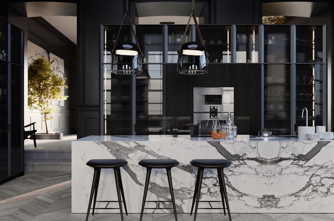 Contemporary style kitchen with stools