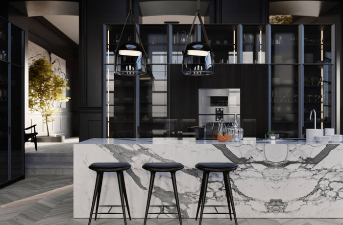 Contemporary style kitchen with stools