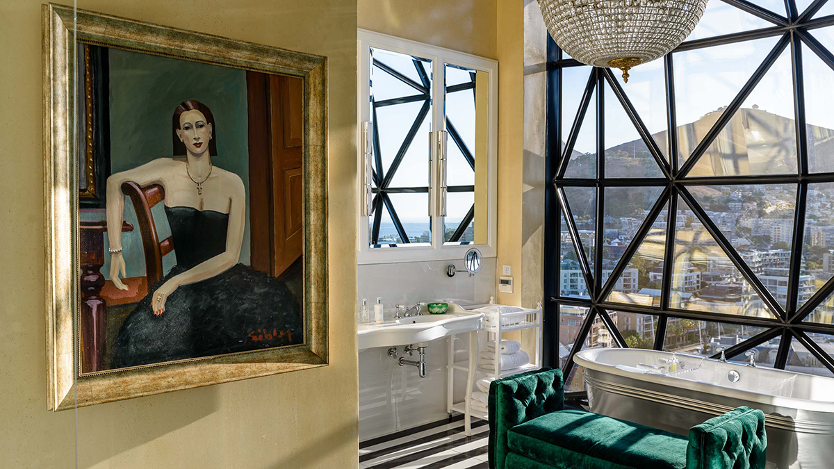 Luxurious hotel bathroom with artworks