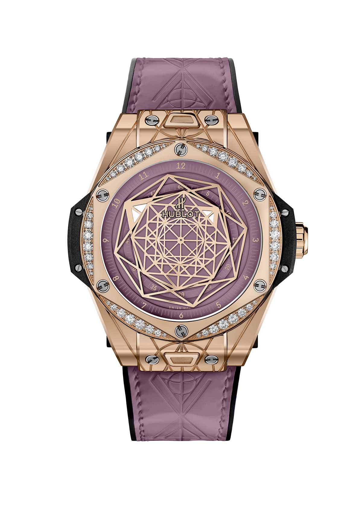 Watch with gold face and pink strap
