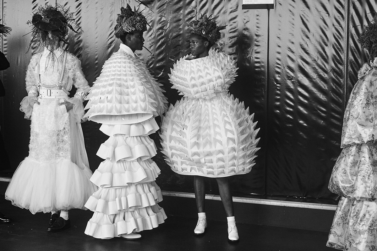 Monochrome image of models backstage