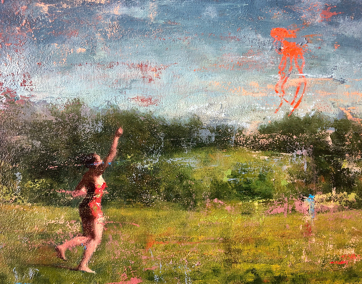 painting of a woman chasing a kite