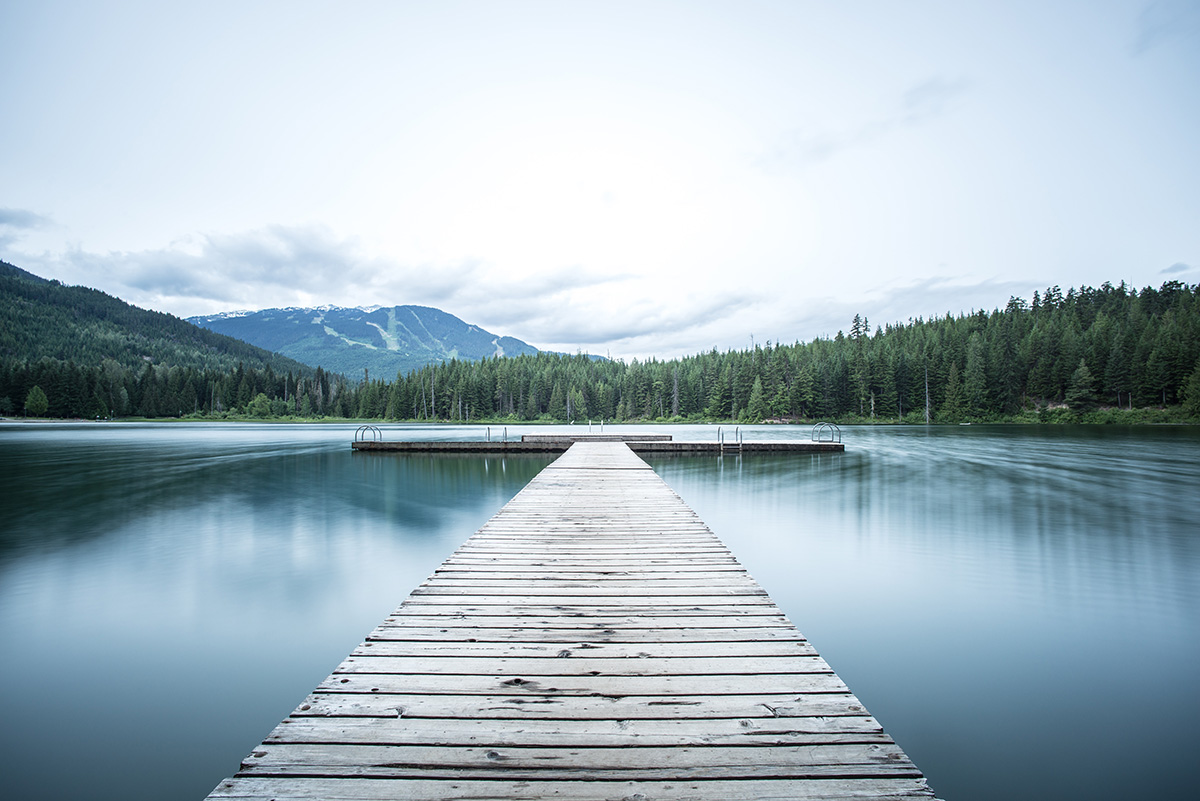 trees and a dock in a lake with mountains