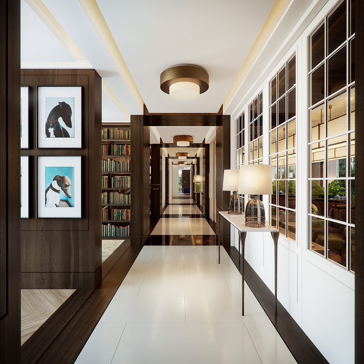 A corridor with lots of books on the shelves