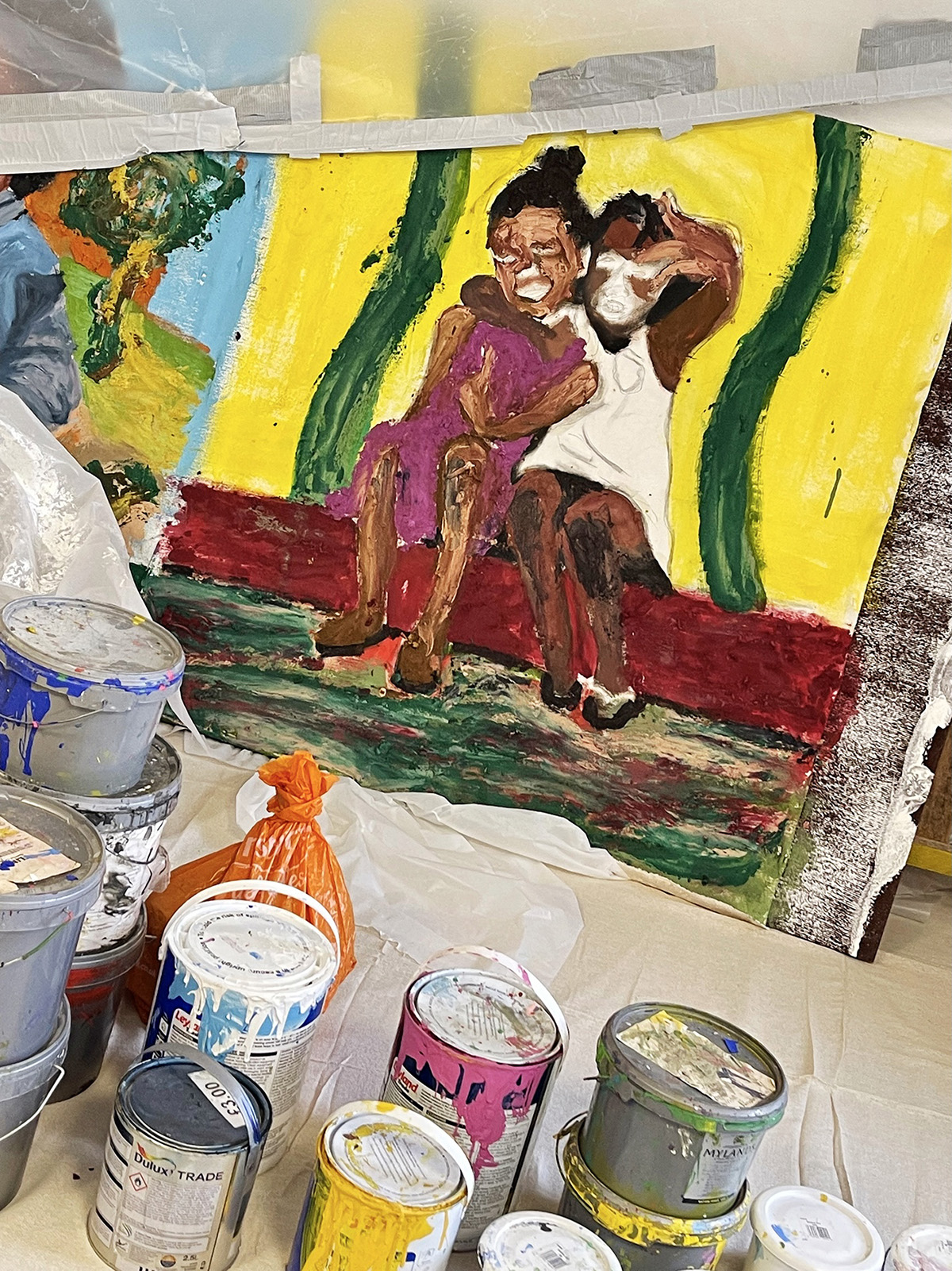 a painting of two children sitting on a ledge with a yellow background