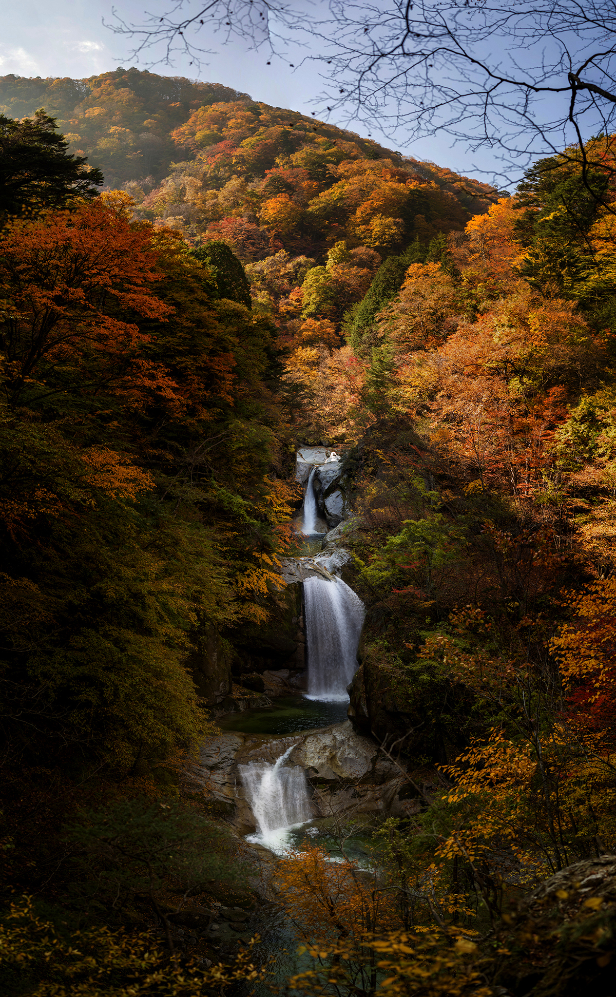 A waterfall surrounded by red and orange trees