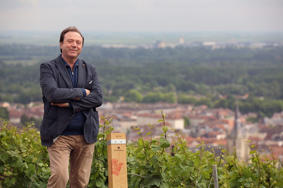 A man standing next to a vineyard