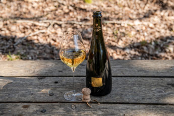 A bottle of champagne and a wine glass on a wooden table outside