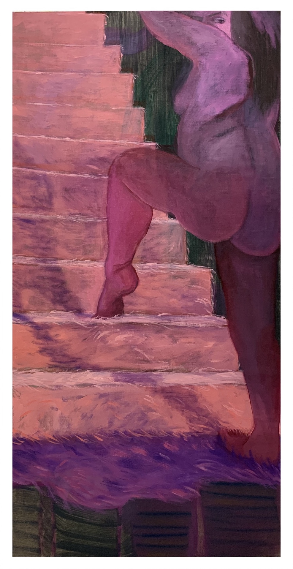 A pink naked lady walking up the stairs