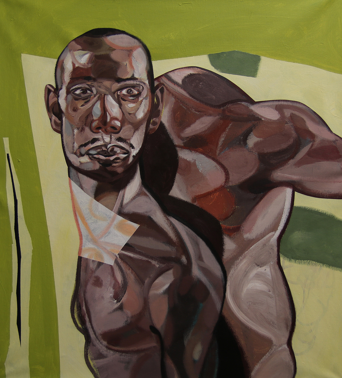 a painting of a black man disfigured in front of a green background