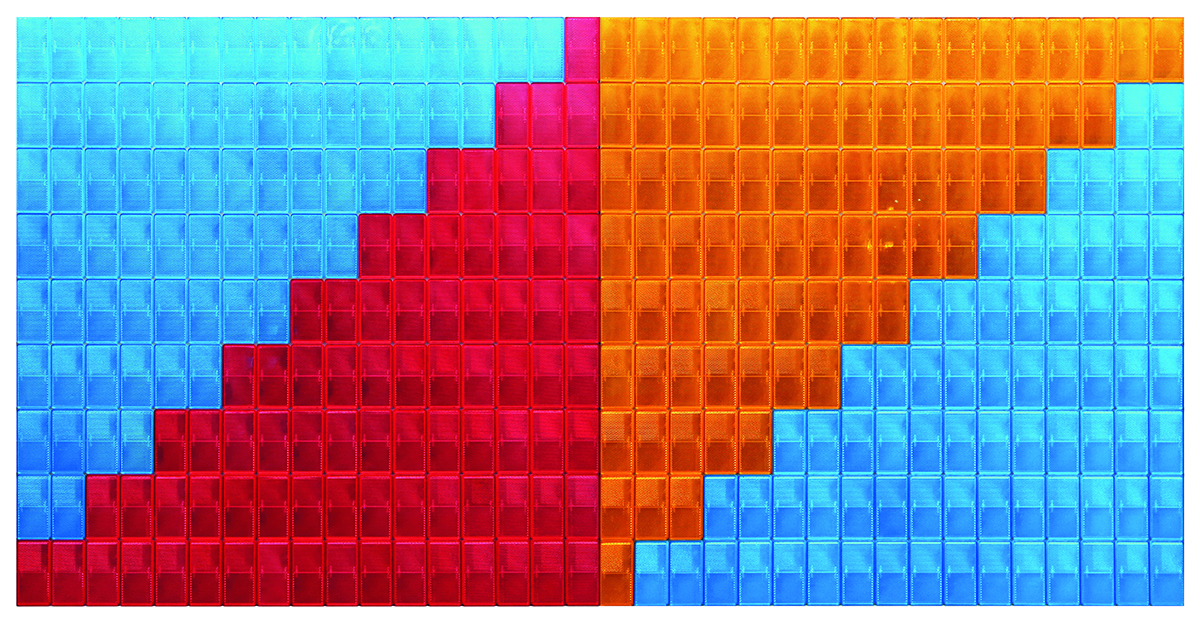 A square made up of small orange and red and blue rectangles