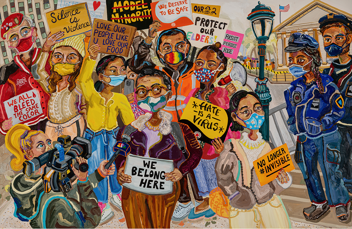 An art work of people standing with political signs in protest