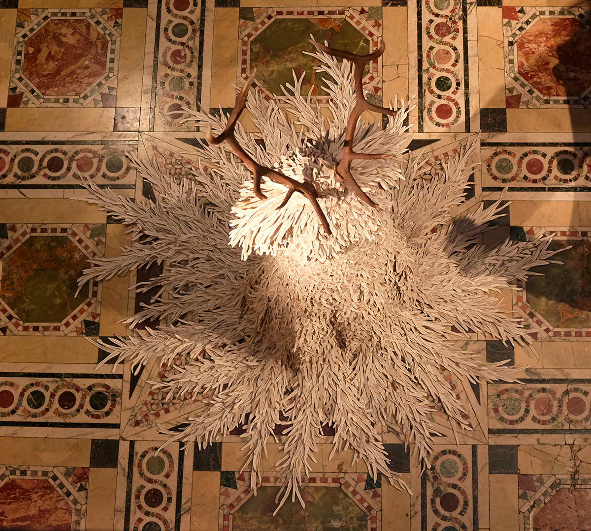 A white tree with antlers coming out of the top