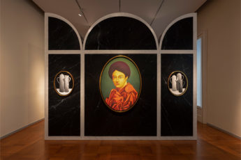 A painting of a woman in an oval shape with two images on either side