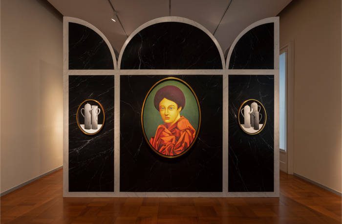 A painting of a woman in an oval shape with two images on either side