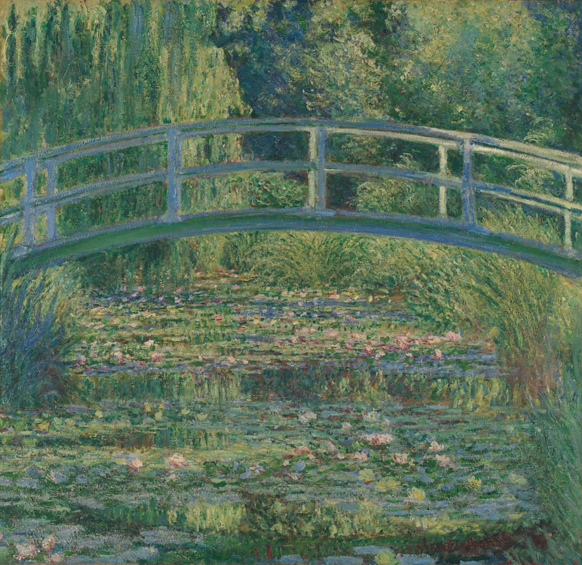 green and pink waterlilies and a bridge in a painting by Monet