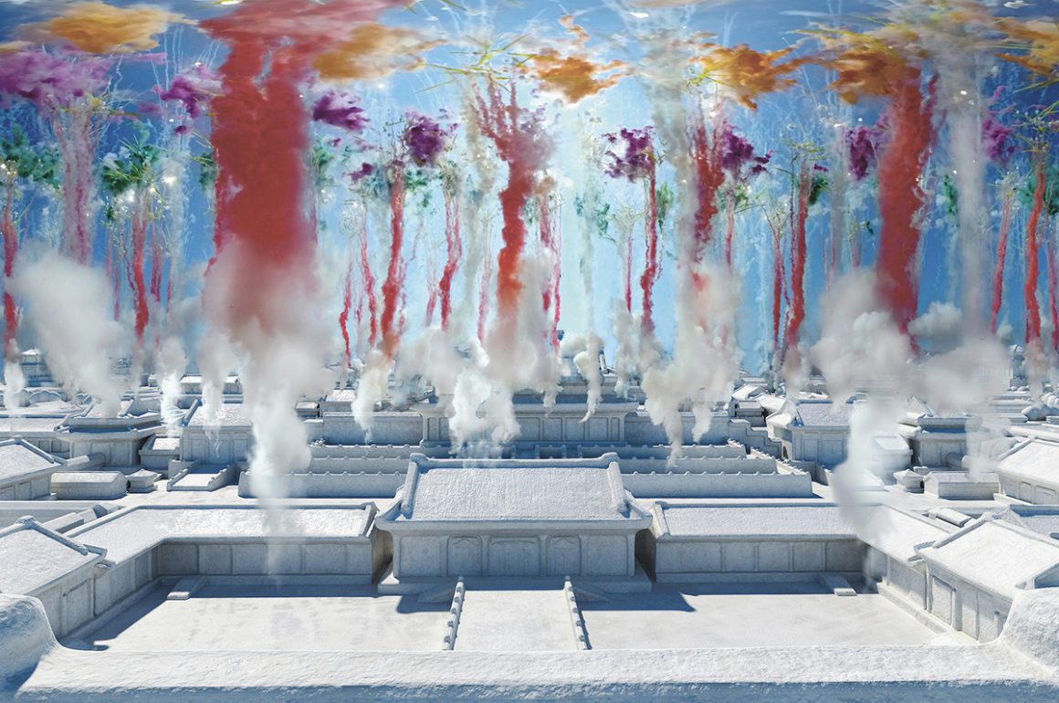 colours bursting out from a white city from a birds eye view