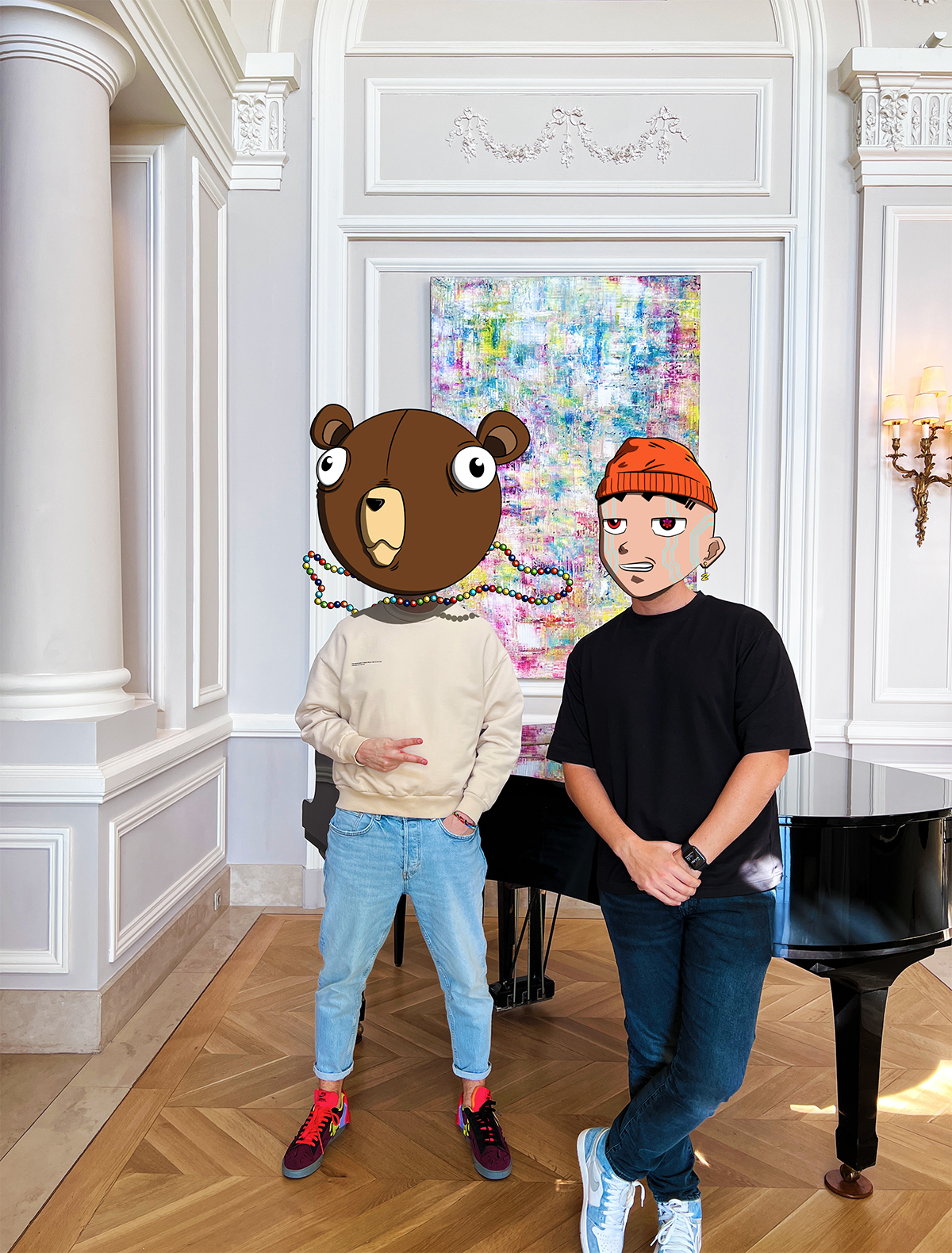 A cartoon head of a man wearing a red hat and a man with a head of a bear leaning on a piano in a room
