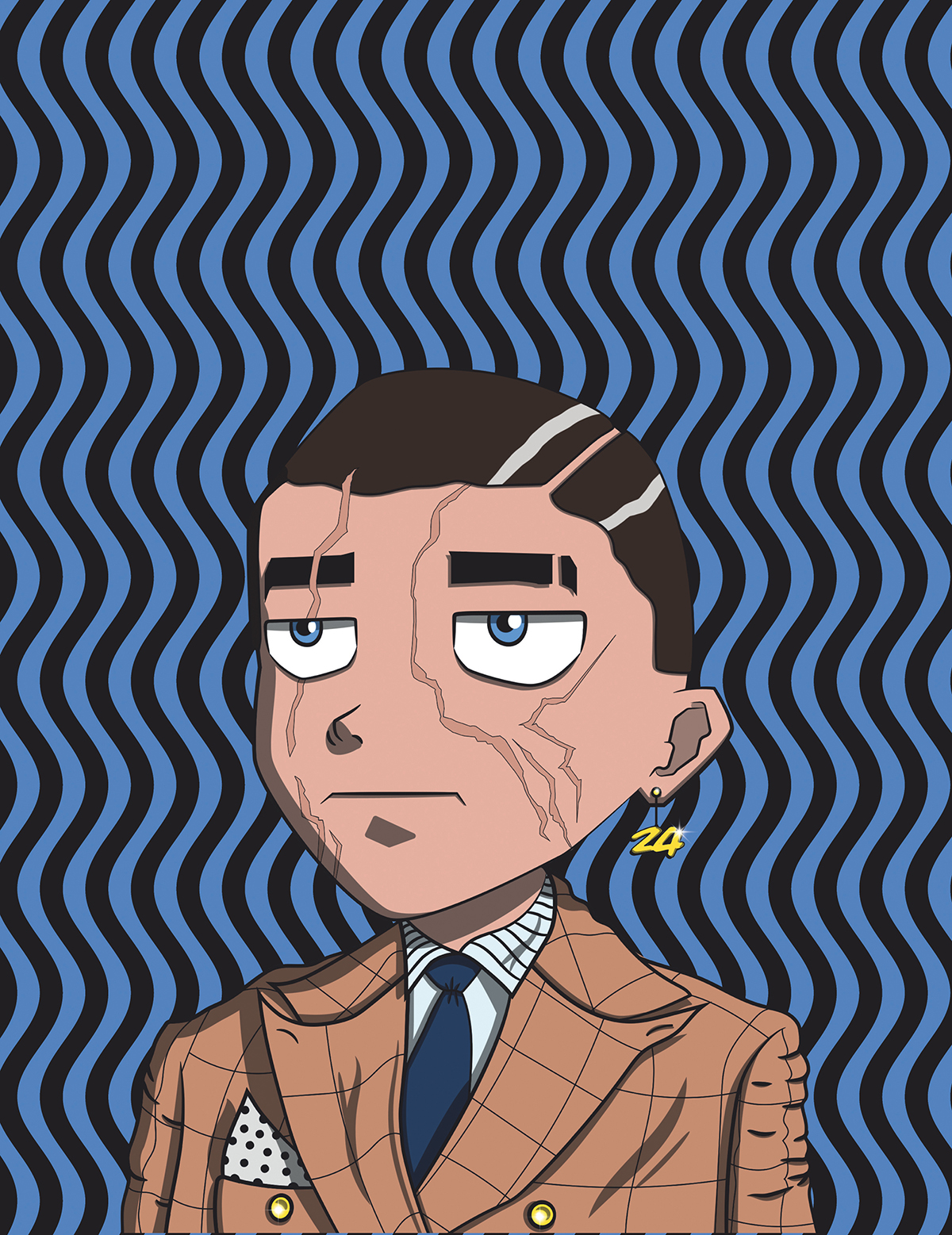 Blue and black swirl background with a cartoon of a man in a brown jacket and wearing an earing
