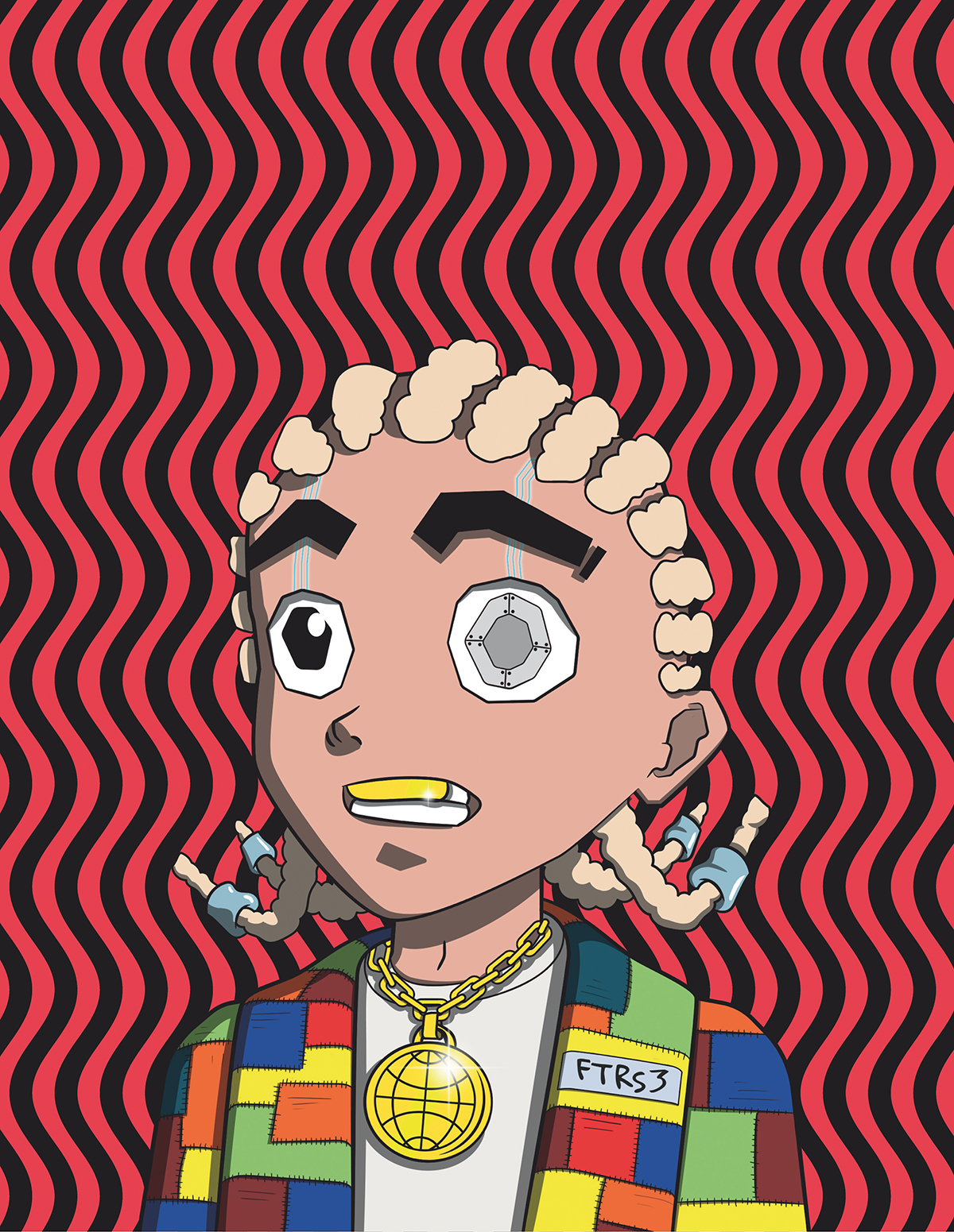 red and black swirl background with a cartoon of a man with one screw eye, wearing a multicoloured jacket, a gold necklace and blonde braids 