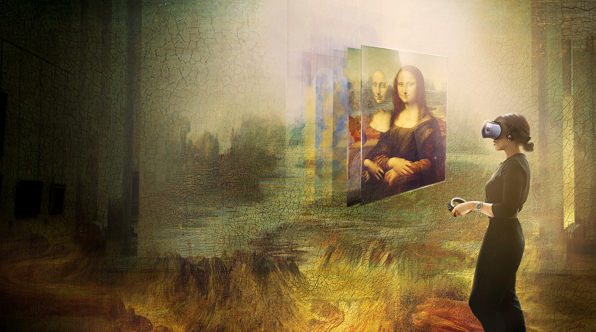 A woman with a VR headset on looking at the Mona Lisa