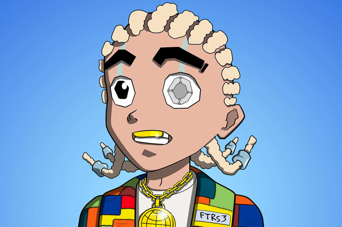 A cartoon of a man with one screw eye, wearing a multicoloured jacket, a gold necklace and blonde braids
