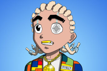 A cartoon of a man with one screw eye, wearing a multicoloured jacket, a gold necklace and blonde braids